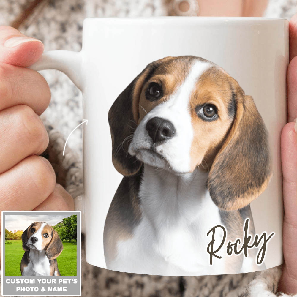 Custom photo mug from GeckoCustom with a great-grandkids portrait, with a halo artifact around the photo on the dark color
