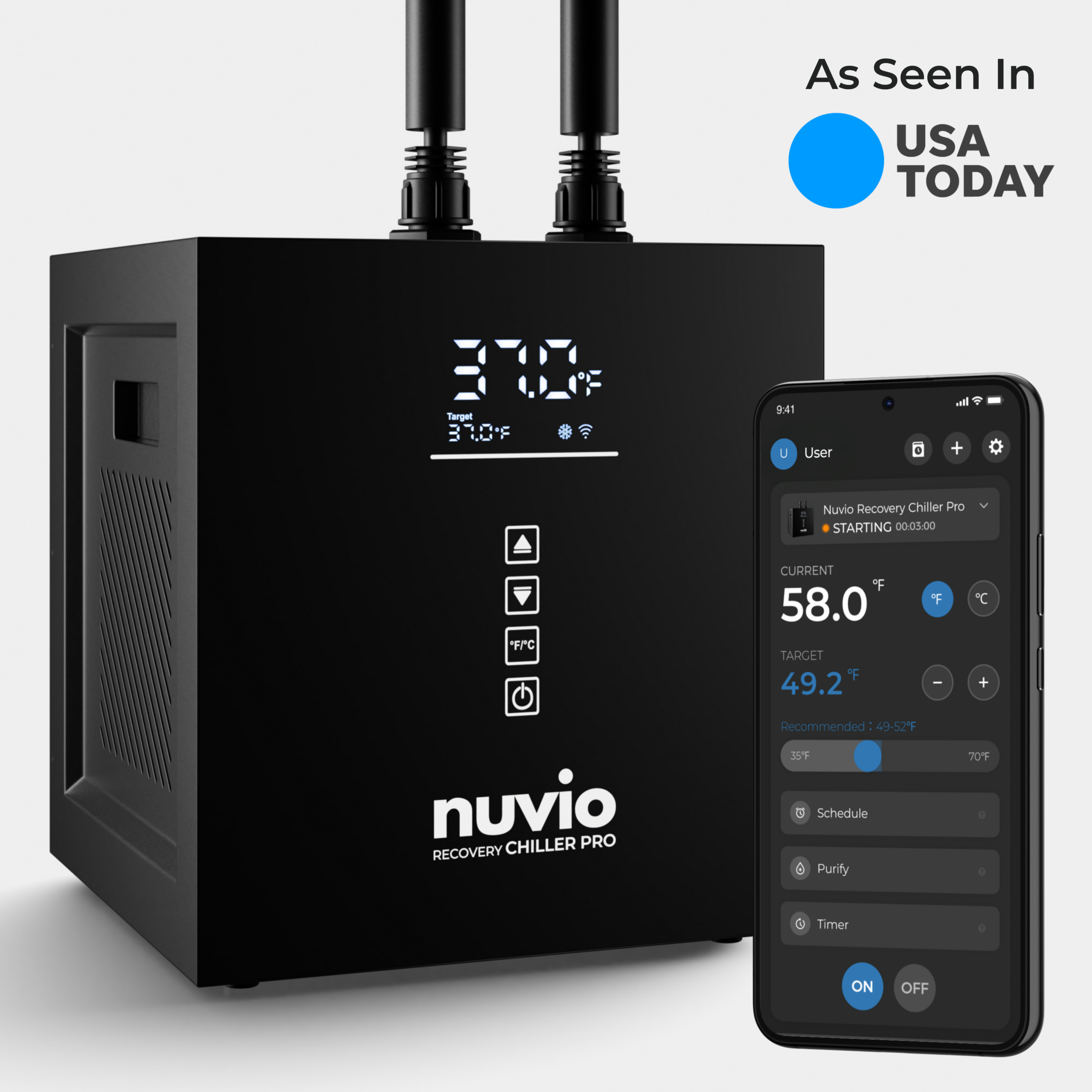Nuvio Recovery Chiller Pro connected to an ice bath tub