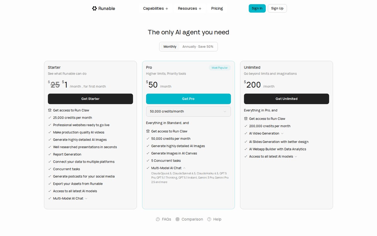 Runable pricing page showing three tiers - Starter at 25 dollars per month, Pro at 50 dollars per month, and Unlimited at 200 dollars per month
