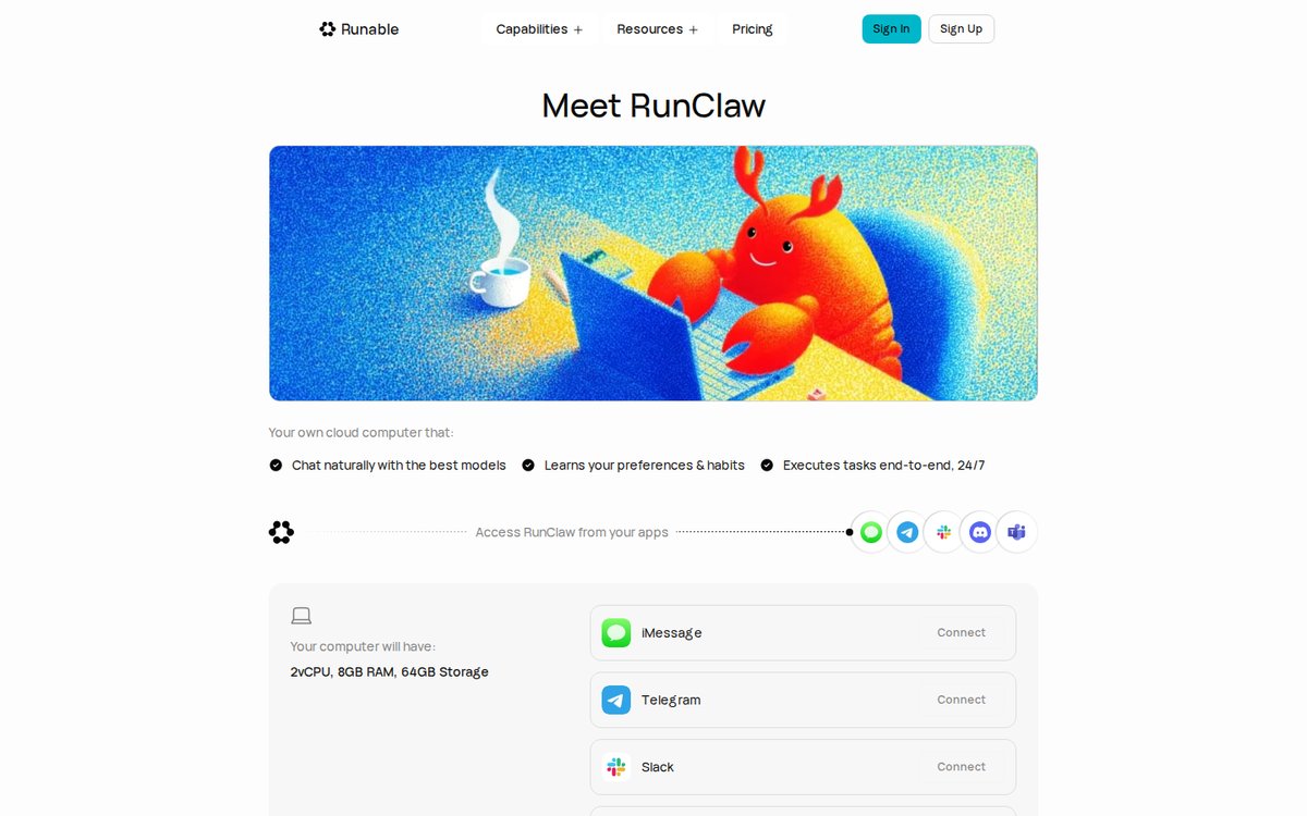 Runable RunClaw product page showing the always-on cloud computer with iMessage, Telegram, Slack, Discord, Teams integration
