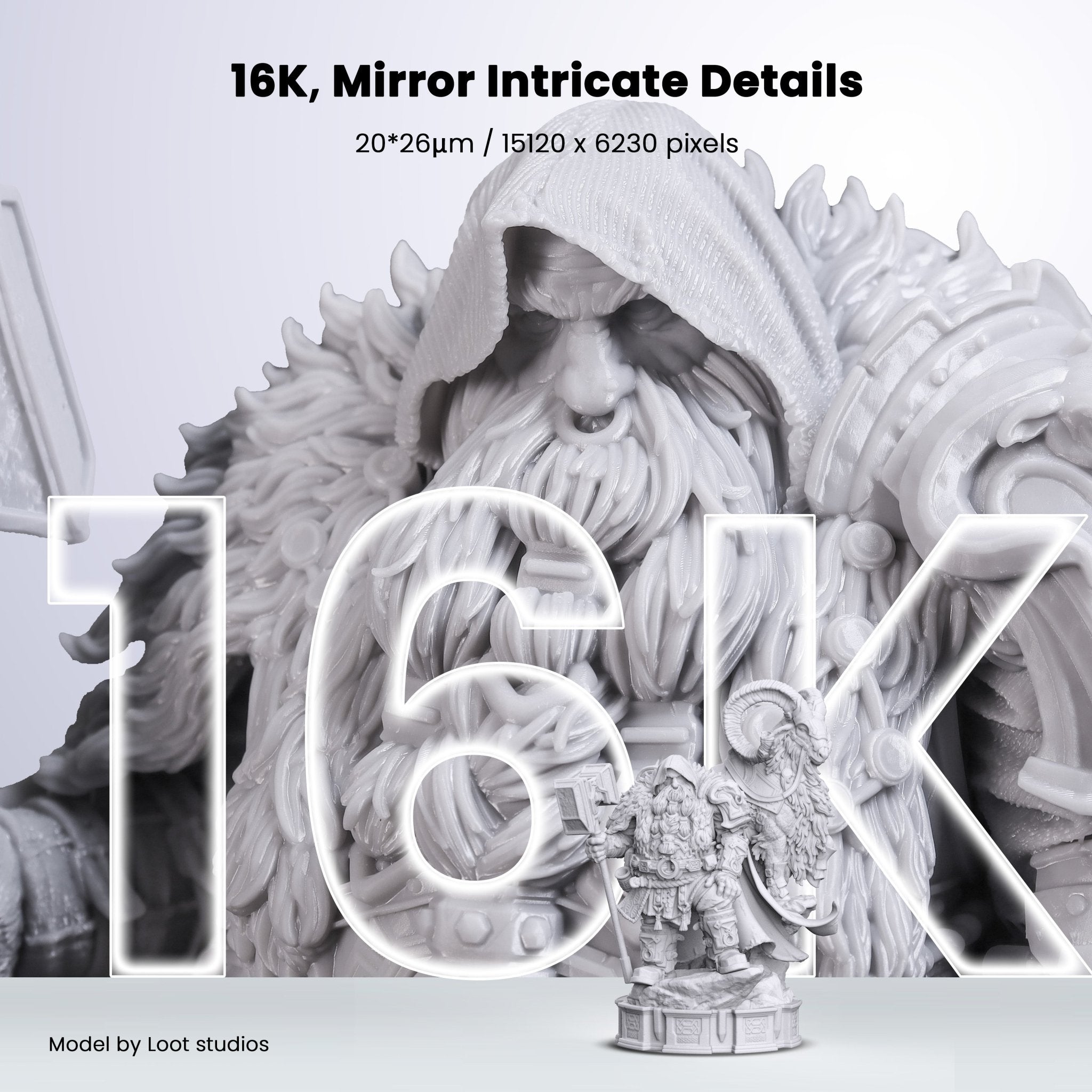 Close-up of a detailed miniature figure printed by a Uniformation 16K resin printer showing the fine surface detail
