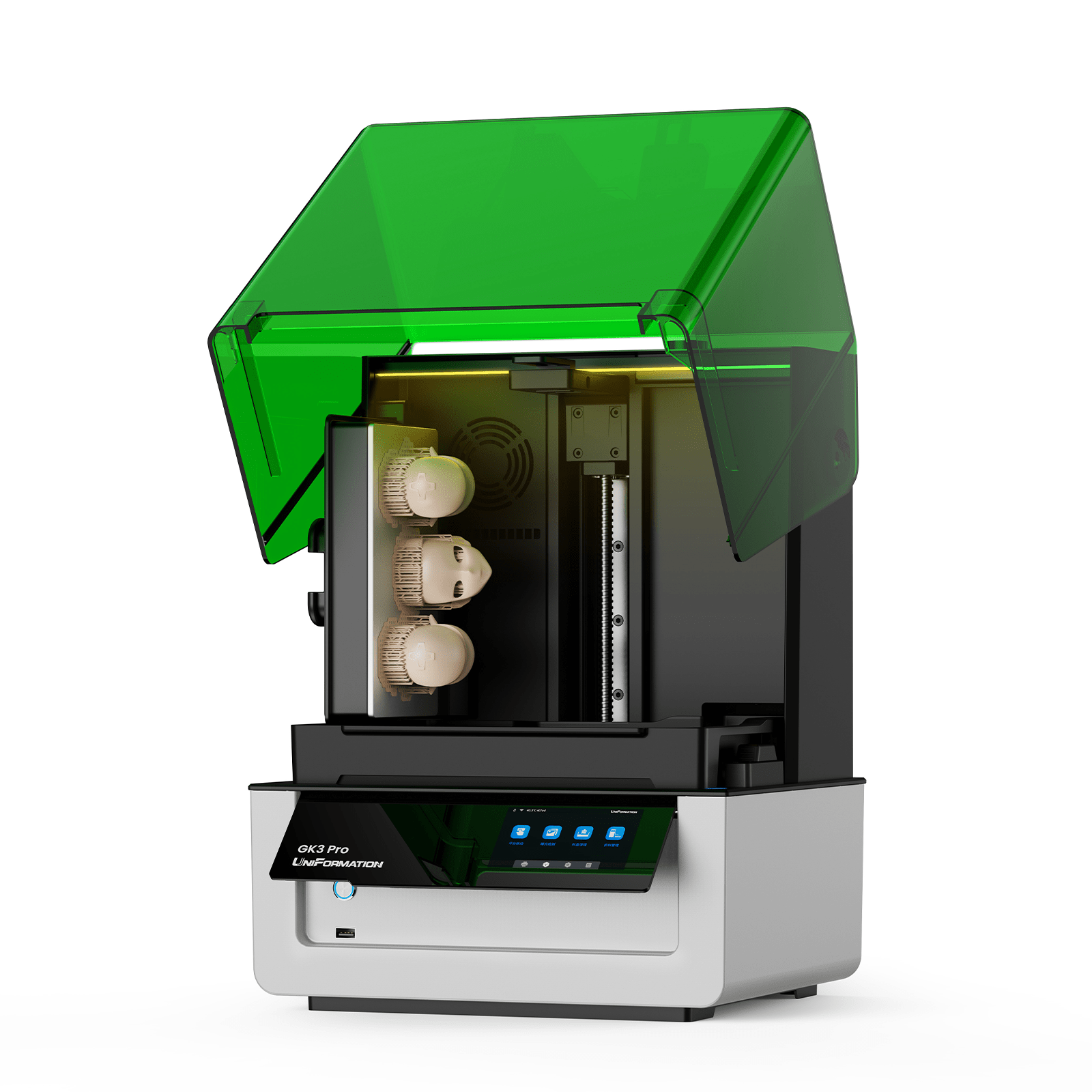 UniFormation GK3 Pro resin 3D printer with green translucent hood open showing the build chamber and color touchscreen