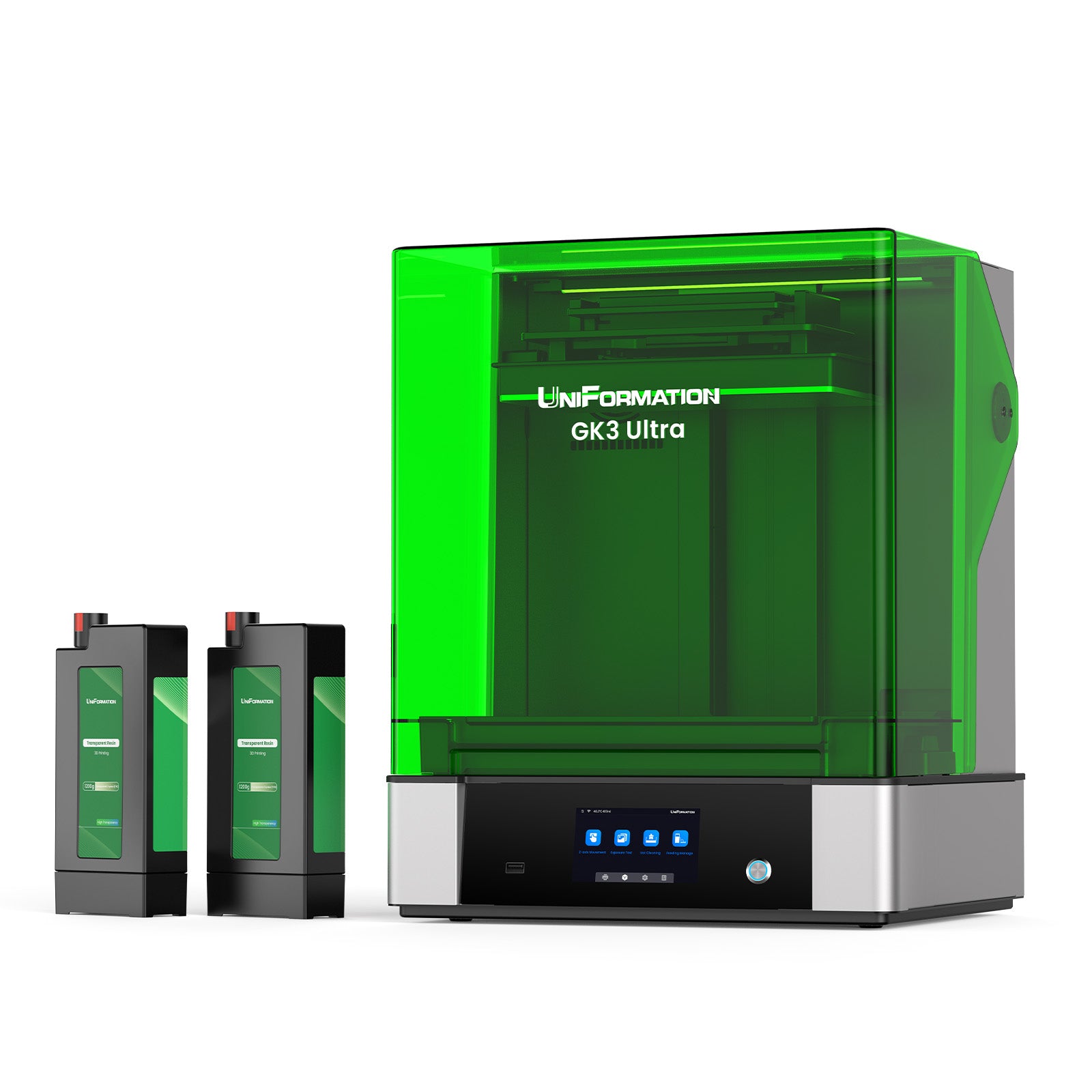 UniFormation GK3 Ultra resin 3D printer in a wider studio configuration with two resin bottles beside it
