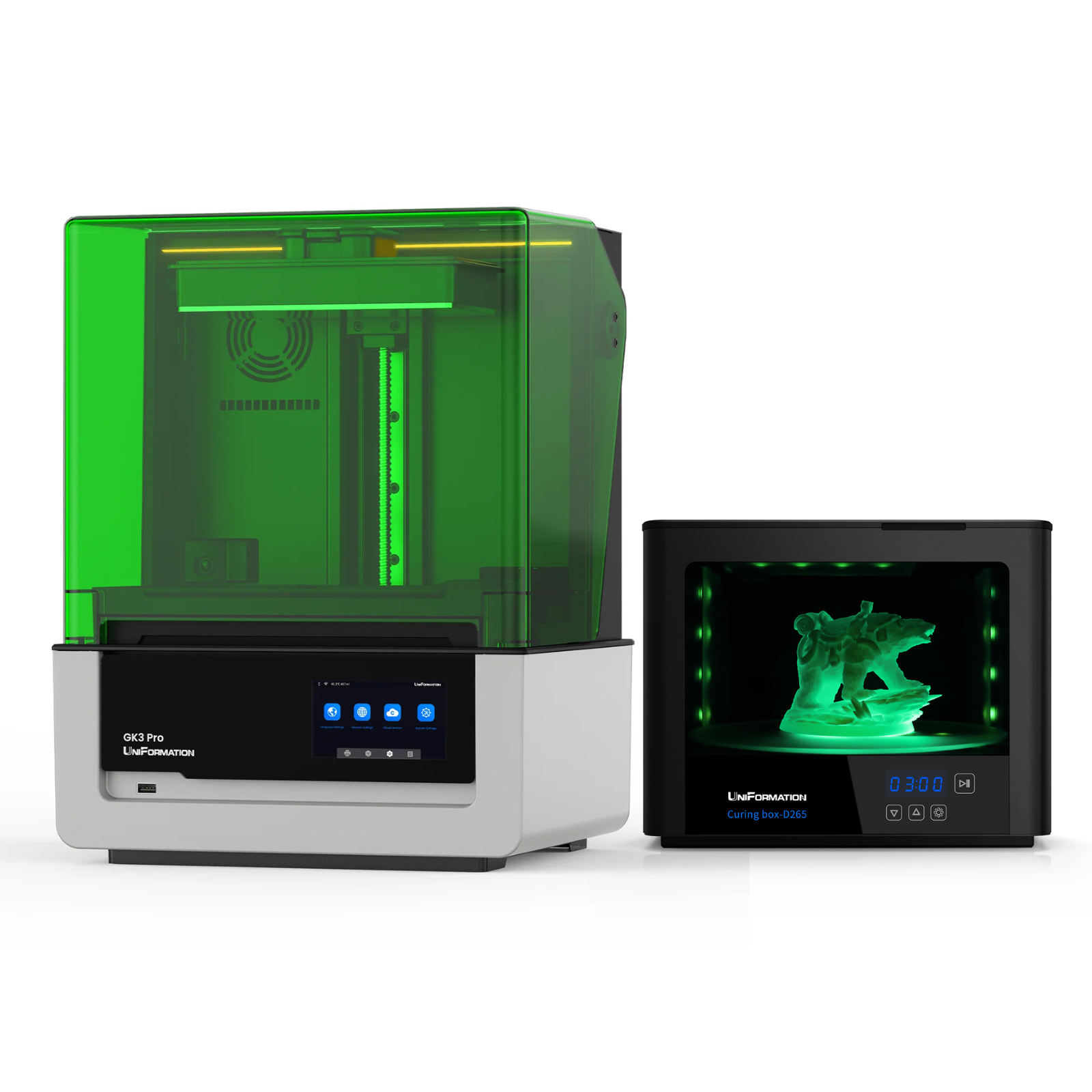 UniFormation GK3 Pro resin printer next to a UniFormation curing station with a small dragon figurine curing inside, showing the full wash-and-cure workflow